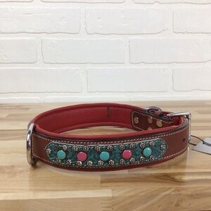 Mad Cow genuine leather jewelry dog collar handmade red pink turquoise studded